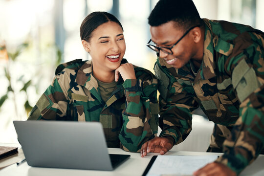 Laptop, friends and an army team laughing in an office on a military base camp together for training. Computer, happy or funny with a man and woman soldier working together on a winning strategy