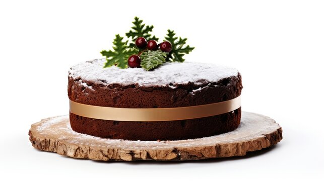 Image of chocolate christmas cake for party with fondant isolated on white background