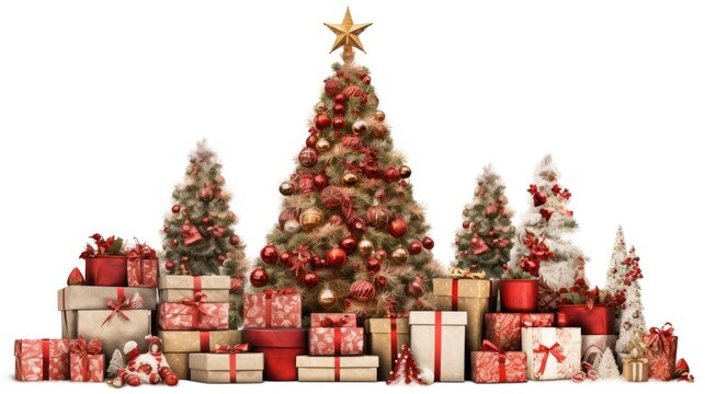 Image of horizontal wallpaper for christmas tree with gifts isolated on white background.