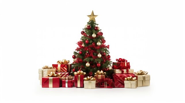 Image of horizontal wallpaper for christmas tree with gifts isolated on white background.