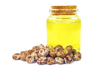 tiger nut oil in bottle isolated on white background