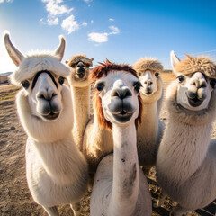 Obraz premium Group of llamas with blue sky and clouds background. Creative marketing campaign concept