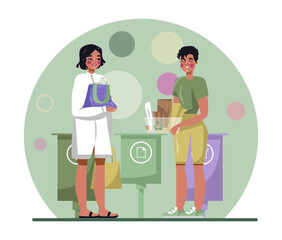 Lady and male holding bottles and paper. Recycling of plastic and paper products concept. Green environment, eco lifestyle. Vector illustration in green colors