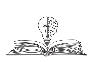 One single line drawing of shining light bulb with human brain above open text book logo identity. continuous line draw design graphic vector illustration