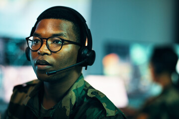 Call center, man and face with microphone and glasses for information technology, big data or...
