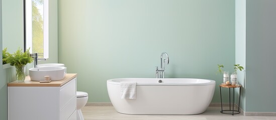 A contemporary bathroom features a white sink, toilet, shower, and bathtub, complemented by pastel green walls.