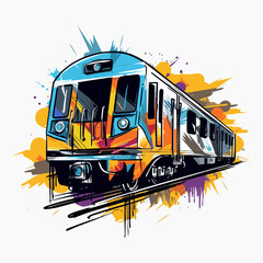 Colorful subway train made up of different abstract shapes and patterns, filled with bright colors. Vector illustration in graffiti style, isolated on white background. © Mariia