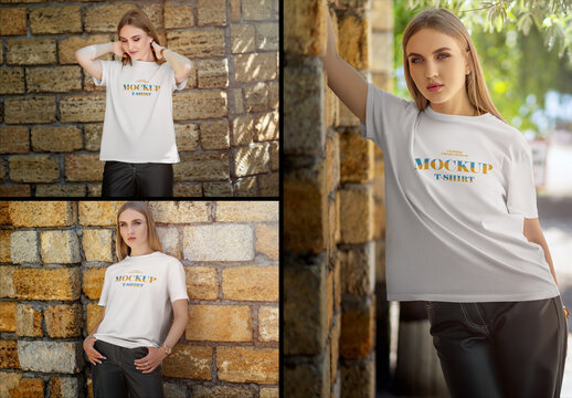 3 Mockup of a women's t-shirt on the Wall of cinder block made of shell rock