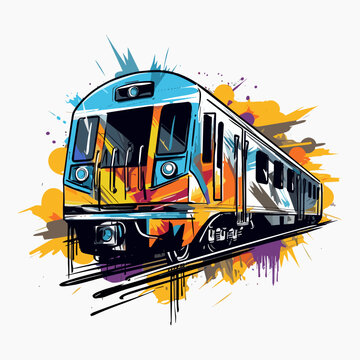 Colorful subway train made up of different abstract shapes and patterns, filled with bright colors. Vector illustration in graffiti style, isolated on white background.