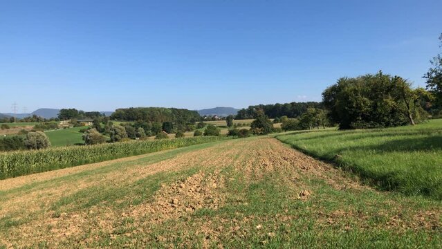 panoramic view in Baden-Wuerttemberg, Germany with fields, highway B10 and the emperor hill Hohenstaufen