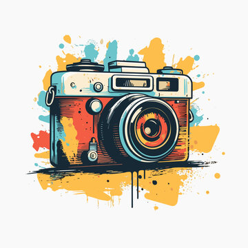 Retro camera in abstract graffiti style with strokes and paint splashes. Colorful vector illustration isolated on white background.