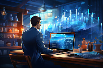 A businessman is deeply engrossed in his work, meticulously analyzing business diagrams, marketing statistics, and financial market graphs displayed on his laptop monitor within the office