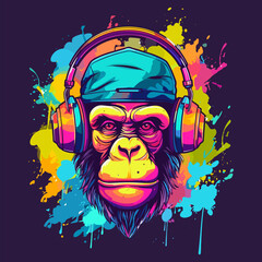 Portrait of hipster gorilla wearing headphones and trendy hat in abstract graffiti style. Colorful vector illustration with paint splatters isolated on background. © Mariia