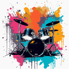 Drum kit with colorful paint splashes and splatters on white background. Abstract vector illustration in graffiti style, isolated.