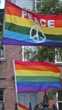 LGBT flags waving in the wind, Christopher Park, Greenwich village, vertical shorts