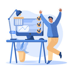 Happy man standing near computer, rejoice of finished work tasks. Concept of rejoicing success at work. Career goal achievement. Vector illustration in cartoon style in blue and yellow colors