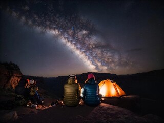 Happy Couple Tent Camping in the Canyon, Sitting by Campfire Watching Night Sky with Milky Way Full of Bright Stars. Two Travelers In Love On a Romantic Vacation Trip. Back View Shot