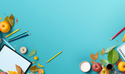 Stationary school equipment background design view on top, with stationary devices, paper background, blank space