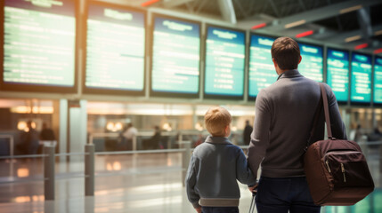 Fototapeta na wymiar Father and child in airport looking to flight timetable