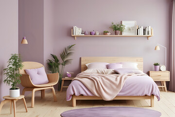 Cozy sustainable bedroom in natural colors with wooden furniture and armchair. Stylish pink and purple composition