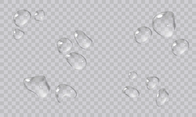 Vector water droplets. PNG droplets, condensation on glass, on various surfaces. Realistic droplets on a transparent isolated background. PNG.