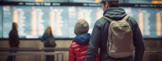 Father and child in airport looking to flight timetable