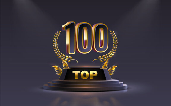 Top 100 best podium award sign, golden object. Vector illustration