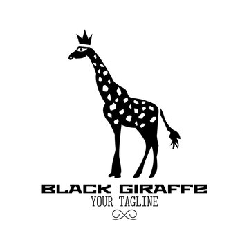 Black giraffe with crown logo with text on white background
