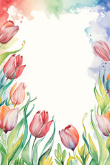 Watercolor of Tulip flowers frames . Frame of social media post. Concept of flora background, celebration, party, wedding event and invitation.
