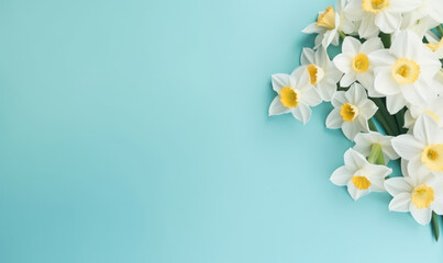 A narcissus flowers bouquet on a pastel blue background with empty copyspace.