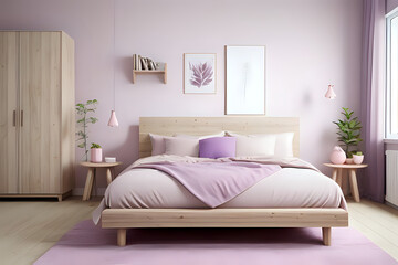 Cozy sustainable bedroom in natural colors with wooden shelf and two poster mockups. Stylish pink and calm purple