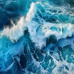 Deurstickers Spectacular aerial top view background photo of ocean sea water white wave splashing in the deep sea. Sea wave in bird eye waves. Made with generative ai © Farid