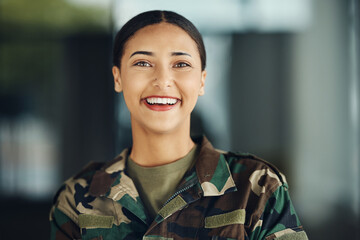 Happy, portrait and a woman in the army for service, war training or soldier in clothes. Smile, security and a female military veteran or girl in gear or uniform for battle, trust or in the navy - obrazy, fototapety, plakaty