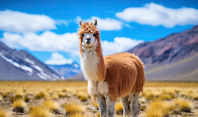 Fototapeta premium Close-up llama stands tall in a vast Bolivian field.