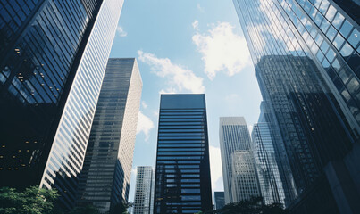 Fototapeta na wymiar Top-down view of modern skyscrapers, captured on 35mm film. The urban landscape.