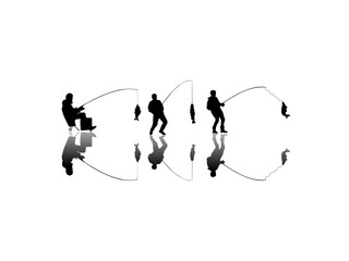 Silhouette of a person with a rod. Fisherman and fishes silhouette vector. Set of silhouette fisherman in various poses. Fisherman and fishing rod vector.