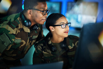 Military, surveillance and people with computer talking in office for cybersecurity, communication or control room monitor, Army, security and employees in collaboration on project,