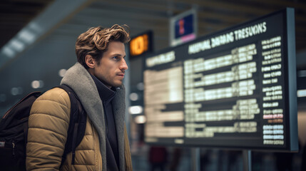 Man in airport looking to flight timetable