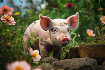 a pig is playing in the flower garden