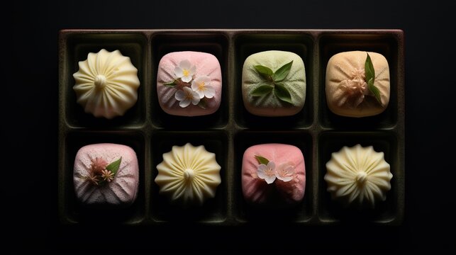 Generative AI, Japanese traditional confectionery cake wagashi, various types of sweets