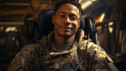 african military pilot sitting inside of helicopter in flight