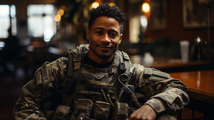 african military pilot sitting inside of helicopter in flight
