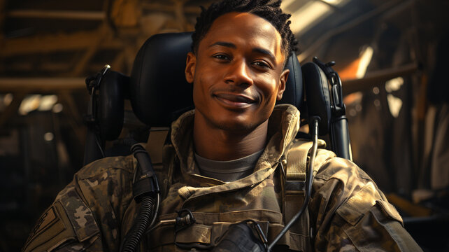 african military pilot sitting inside of helicopter in flight