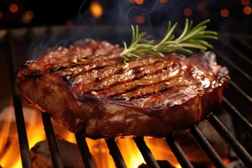 Fotobehang Generative ai of a perfectly grilled ribeye steak sizzling on a hot barbecue grill. © P Stock