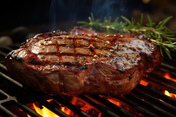Generative ai of a perfectly grilled ribeye steak sizzling on a hot barbecue grill.