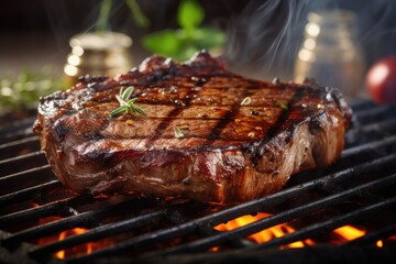 Generative ai of a perfectly grilled ribeye steak sizzling on a hot barbecue grill.