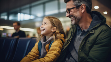 Father and child smile while waiting for an airplane in the airport waiting area