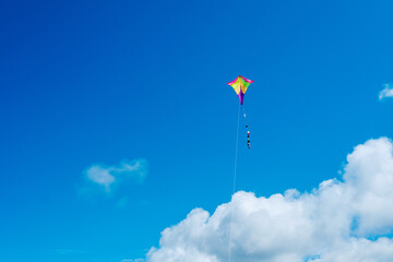 Fototapeta na wymiar Colorful kite flies in the blue sky with white clouds, copy space