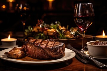 Generative ai of large, delicious steaks are served on a table in a restaurant, enjoyed by candlelight.