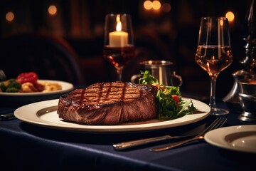 Generative ai of large, delicious steaks are served on a table in a restaurant, enjoyed by candlelight.